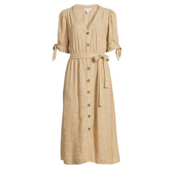 Time & Tru Tan Tie-Sleeve Linen Blend Midi Dress - Picture 1 of 8